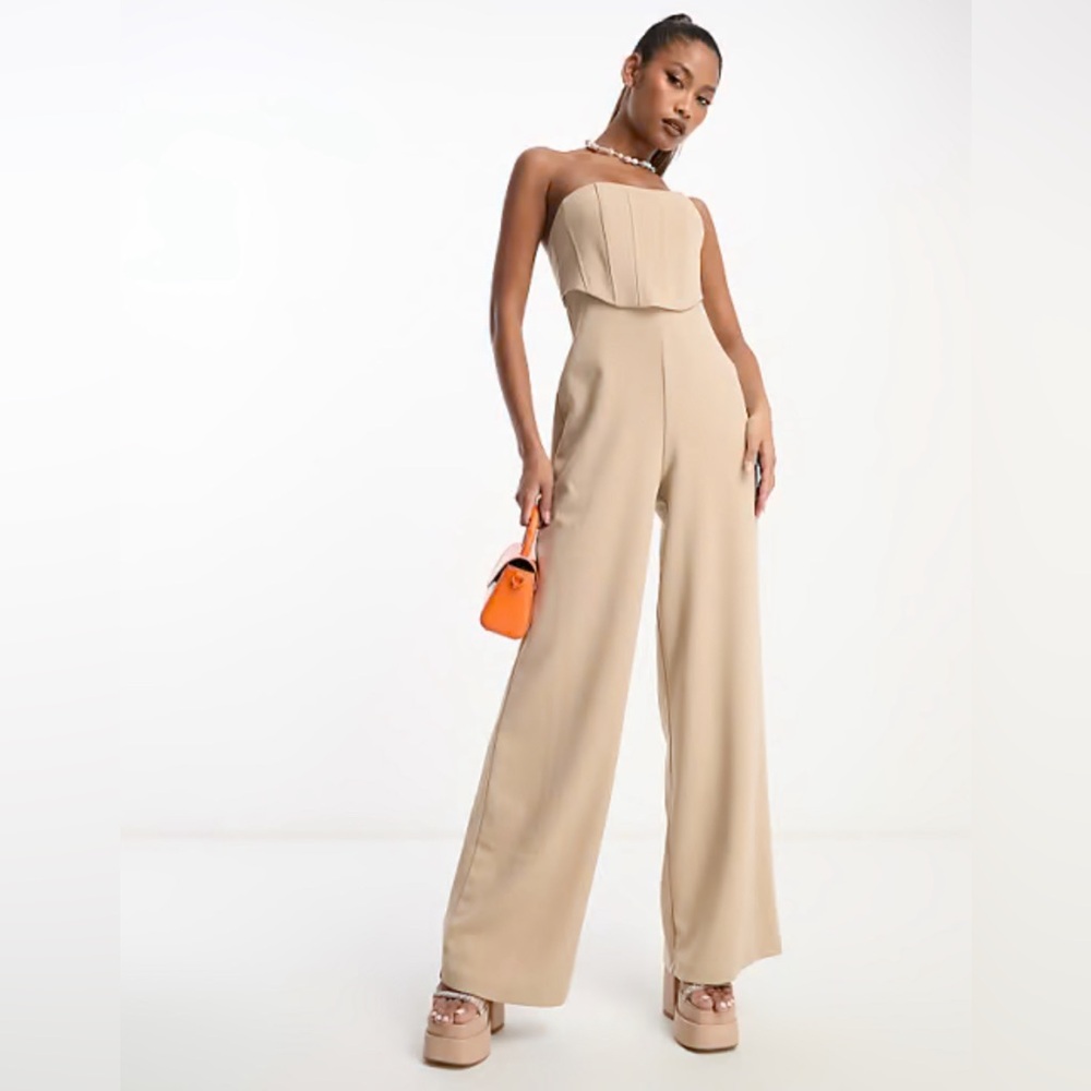 93. NWT ASOS DESIGN bandeau corset wide leg jumpsuit in stone, size 6.